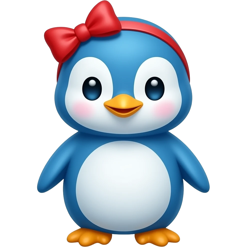 baby blue penguin, blue, with red hairbow on head, just face emoji