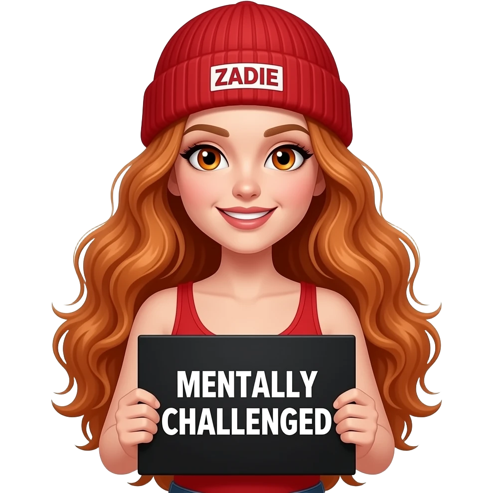 sexy girl with overlong wavy ginger hair and ginger eyes wearing a red tanktop and a red beanie with ZADIE written on it, is holding a black sign with MENTALLY CHALLENGED written on it emoji
