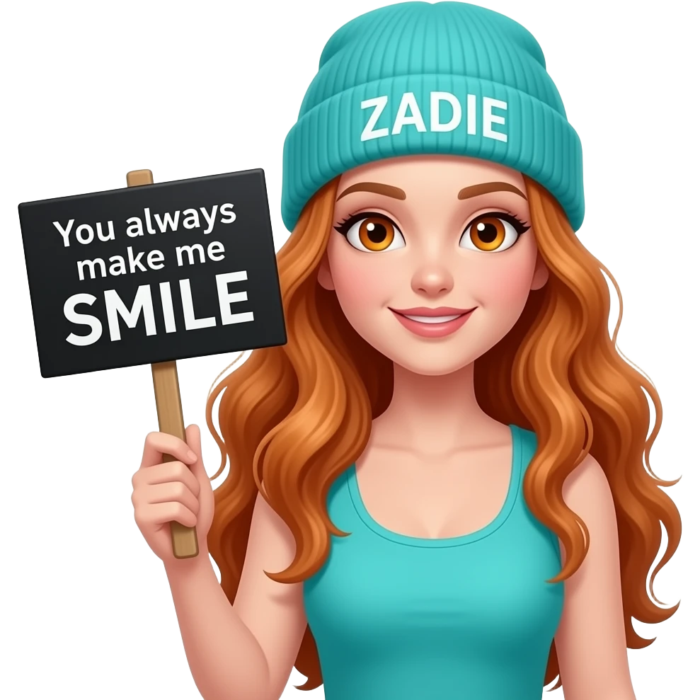 sexy girl with overlong wavy ginger hair and ginger eyes wearing a turquoise tanktop and a turquoise beanie with ZADIE written on it, is holding a black sign with You always make me SMILE written on it emoji