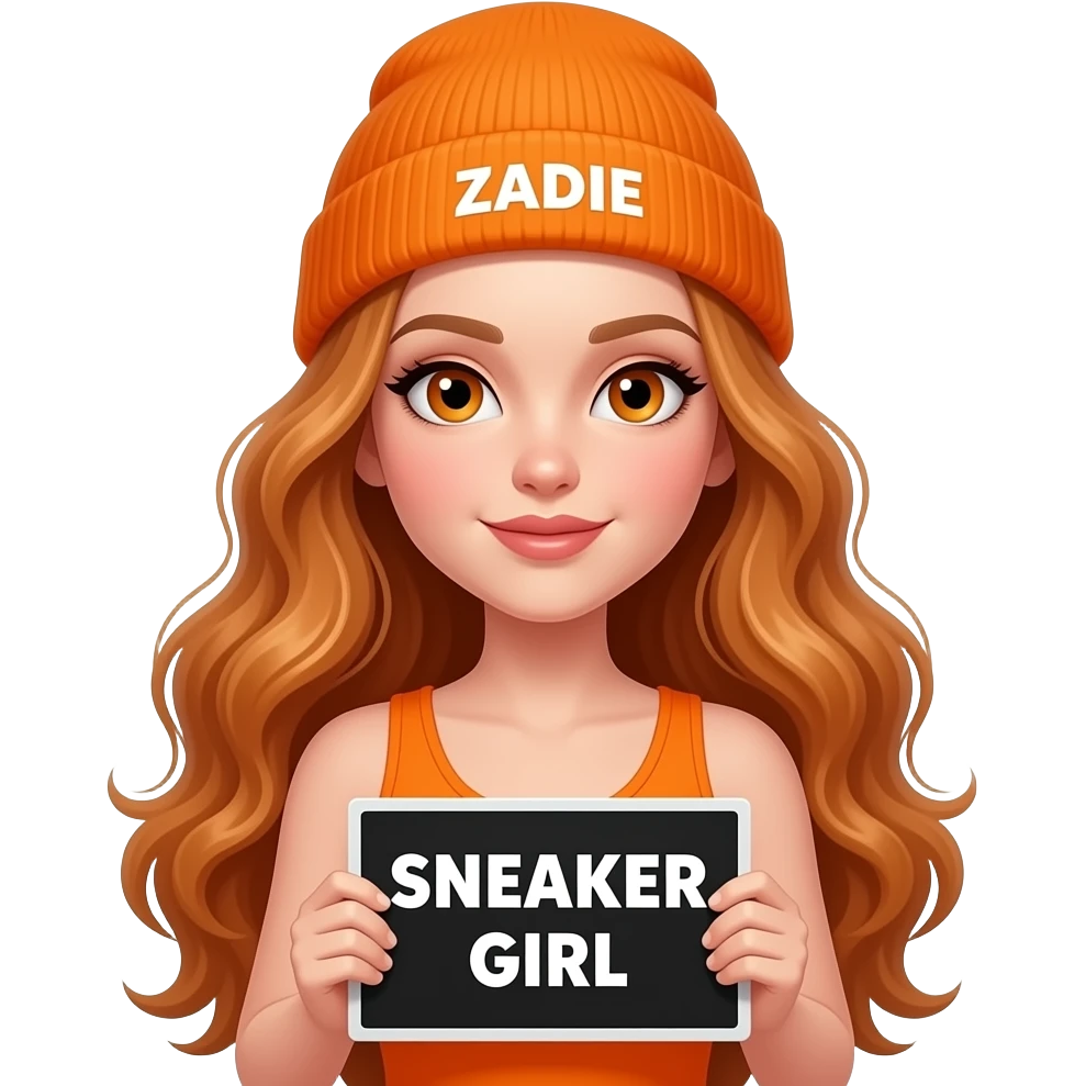 sexy girl with overlong wavy ginger hair and ginger eyes wearing a orange tanktop and a orange beanie with ZADIE written on it, is holding a black sign with SNEAKER GIRL written on it emoji