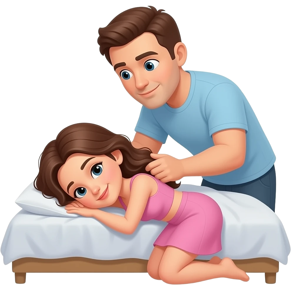 Woman laying on her knee and hands and head on a bed with man behind grabbing hier hair emoji