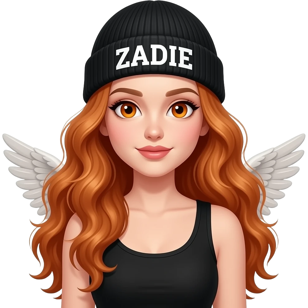 sexy girl with overlong wavy ginger hair and ginger eyes wearing a black tanktop and a black beanie with ZADIE written on it, is wearing wings emoji