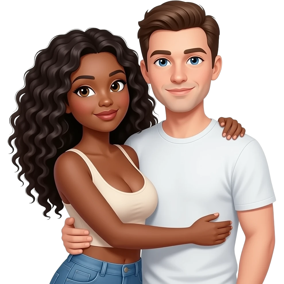 Darker Mixed girl long curly hair big boobs in a short crop top. hugging a white man short brown hair emoji