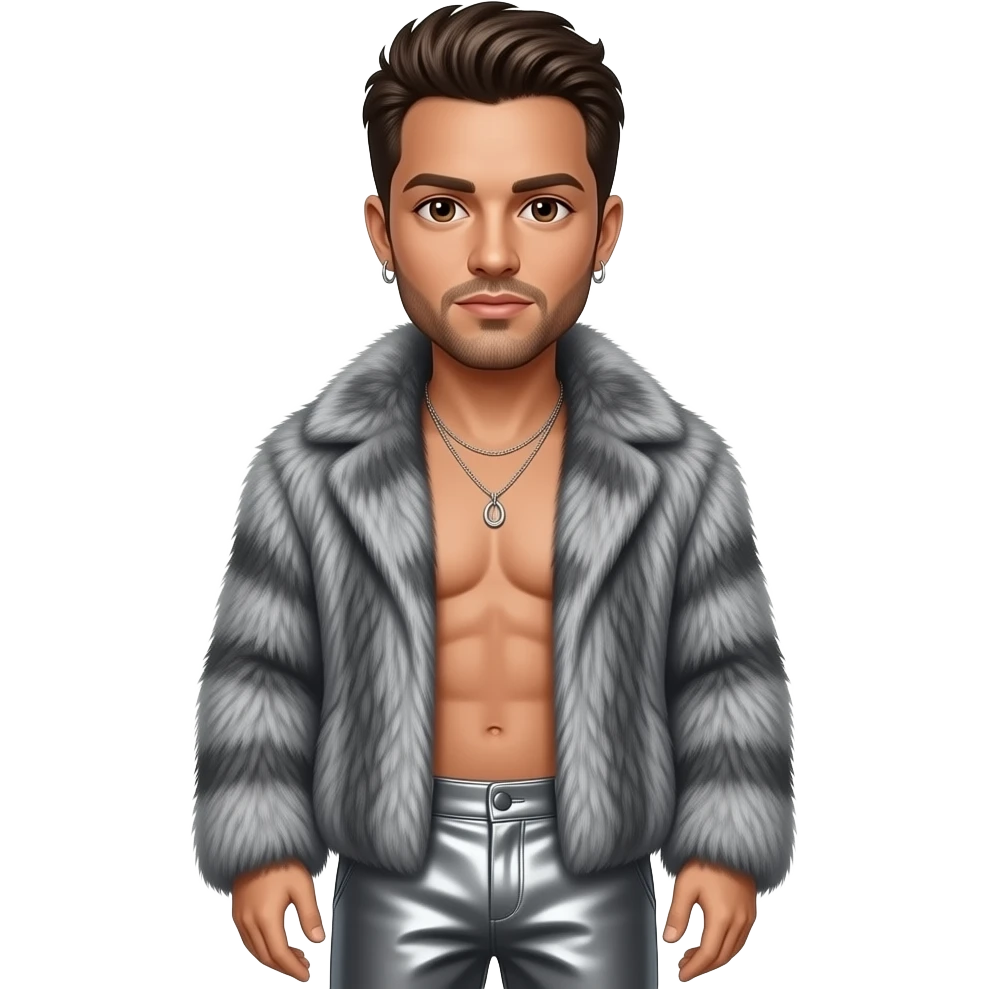 Ricky Martin with brown eyes, brown hair, charcoal gray fur shawl, charcoal gray metallic baggy pants, shirtless with necklace and earrings emoji