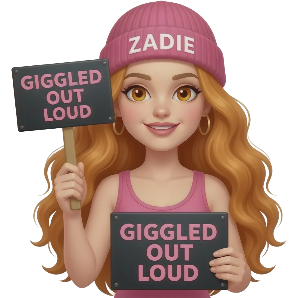 sexy girl with overlong wavy ginger hair and ginger eyes wearing a pink tanktop and a pink beanie with ZADIE written on it, is holding a black sign with GIGGLED OUT LOUD written on it emoji