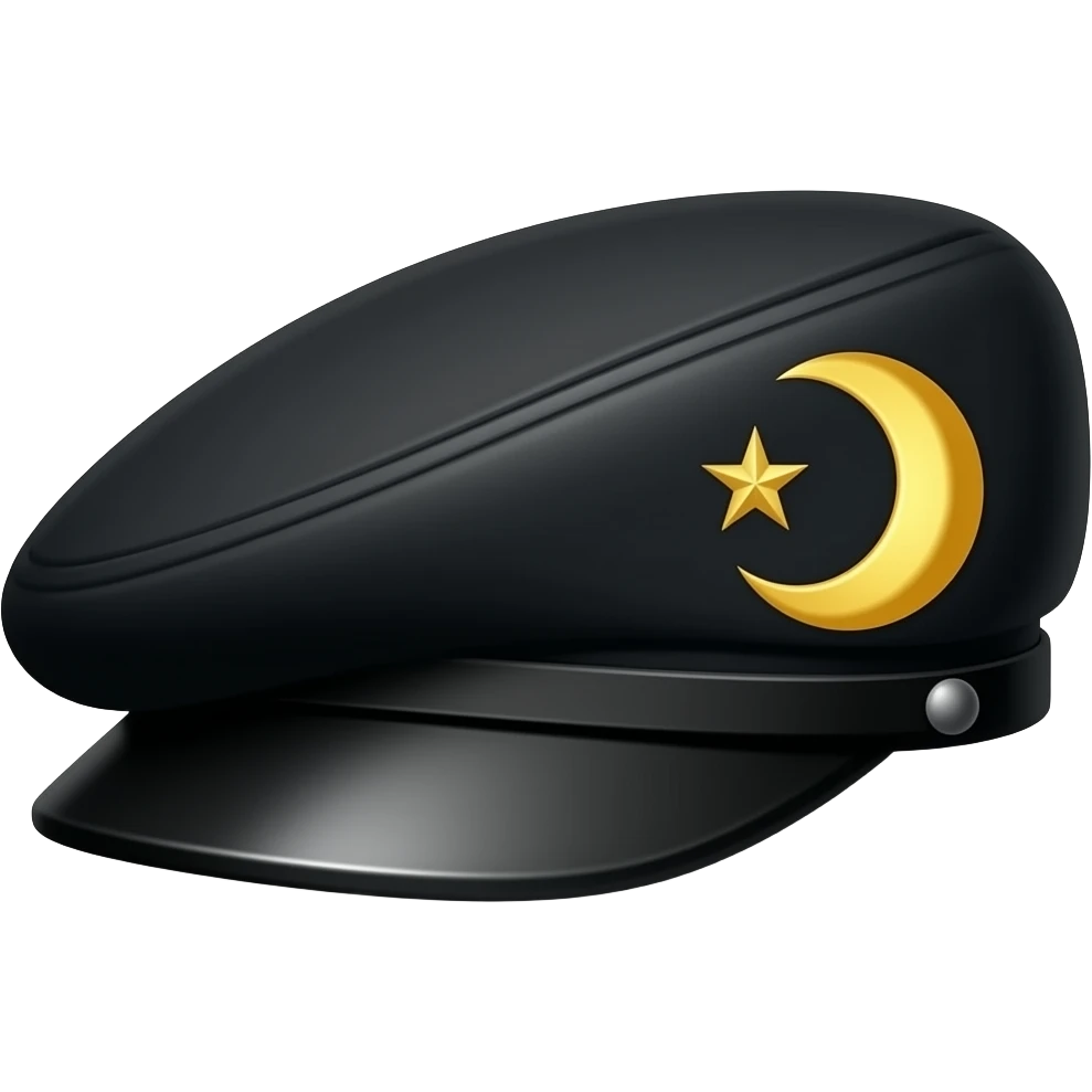 Flat Black Breton Cap military hat with a gold star and a gold crescent and a gold full-moon on the side emoji