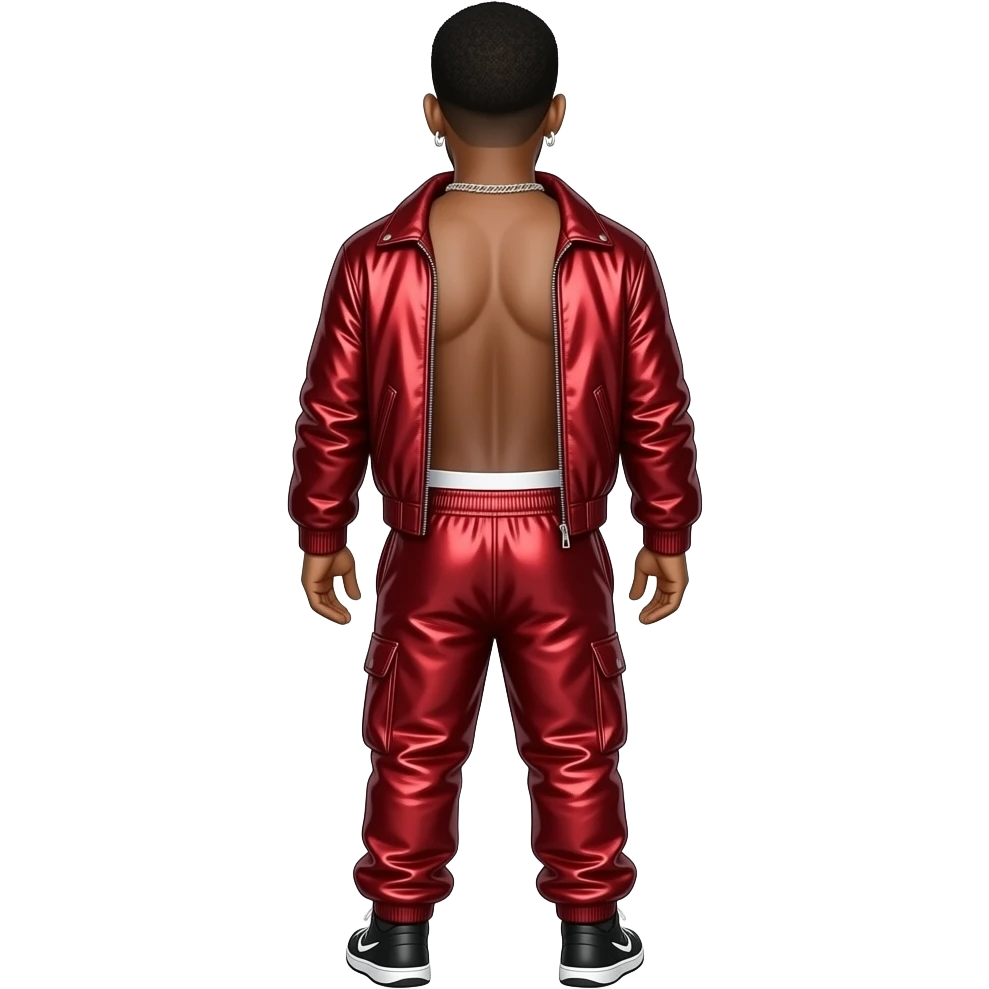 Ginuwine from behind with crimson metallic jacket, crimson metallic baggy joggers with white undies, shirtless with necklace and earrings emoji