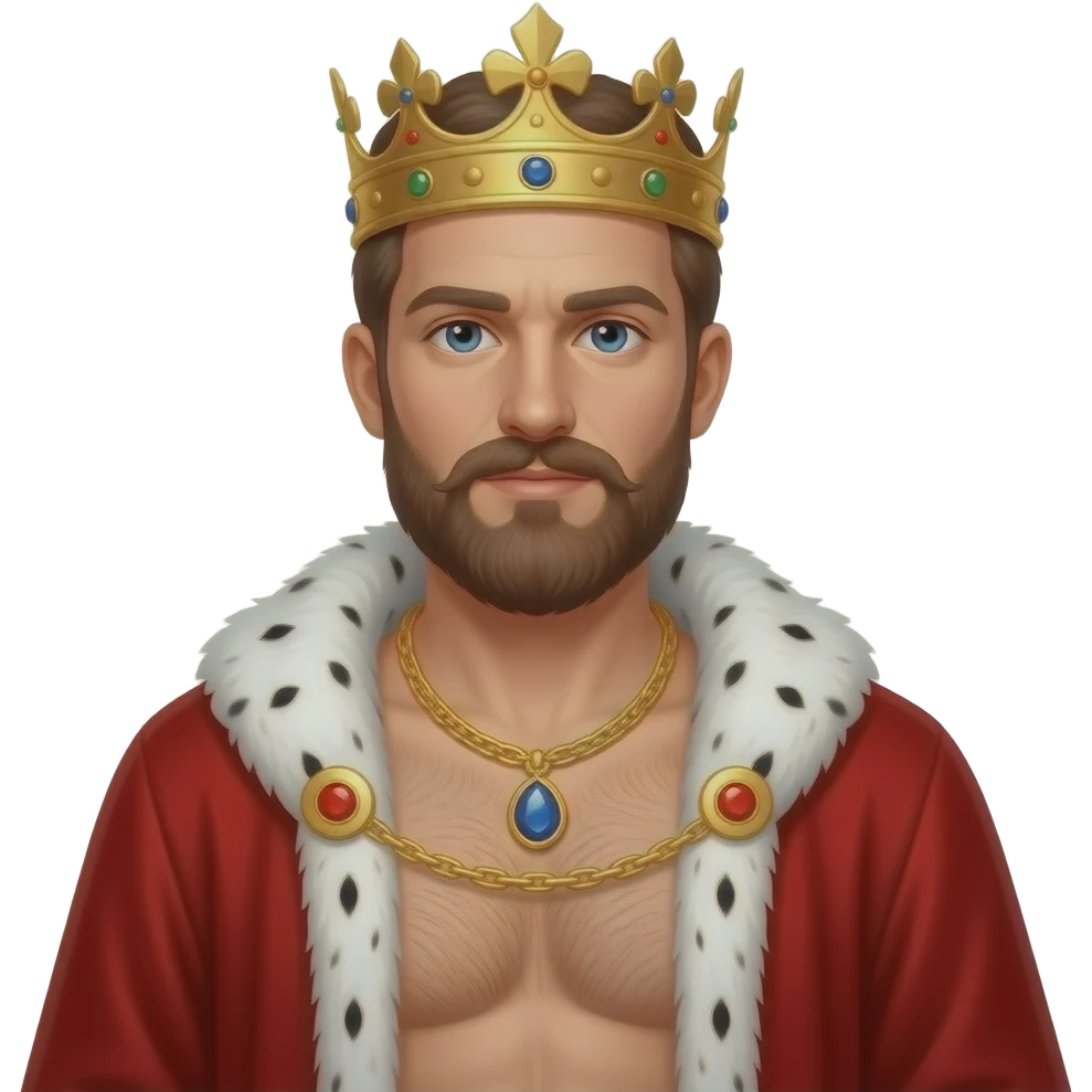 Erstelle ein Portrait von einem König und die 40 mit Bart und Krone, er trägt eine prunkvolle Goldkette mit Edelsteinen um den Hals. Er hat kein Hemd an aber ein roten samt Umhang mit weißen Pelz um seine Schulter. Unter dem Umhang sieht man seine behaarte männliche Brust und Körper emoji