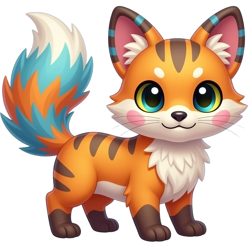 Feral Rare Fantasy vibrant colorful tropical cute, kawaii, cool, ed Vernid-Trico-species by LiLaiRa, random markings, tufted tail, tufted ears, full body, cheek markings emoji