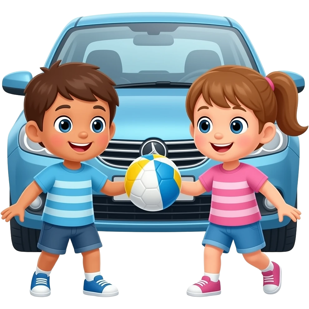 мультяшные дети играют на одорг перед машиной в мячик emoji