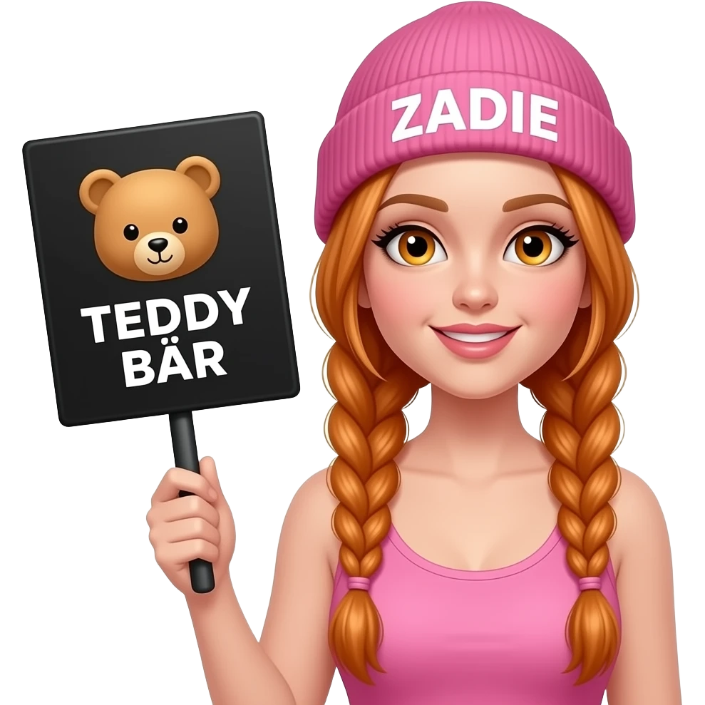 sexy girl with overlong ginger braids and ginger eyes wearing a pink tanktop and a pink beanie with ZADIE written on it, is holding a black sign with TEDDY BÄR written on it emoji