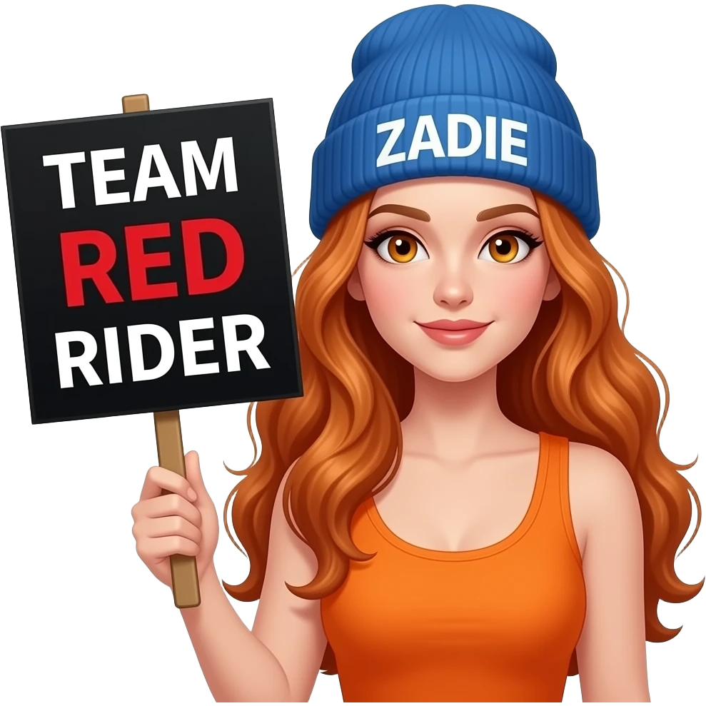 sexy girl with overlong wavy ginger hair and ginger eyes wearing a orange tanktop and a blue beanie with ZADIE written on is holding a black sign with just TEAM RED RIDER on it emoji