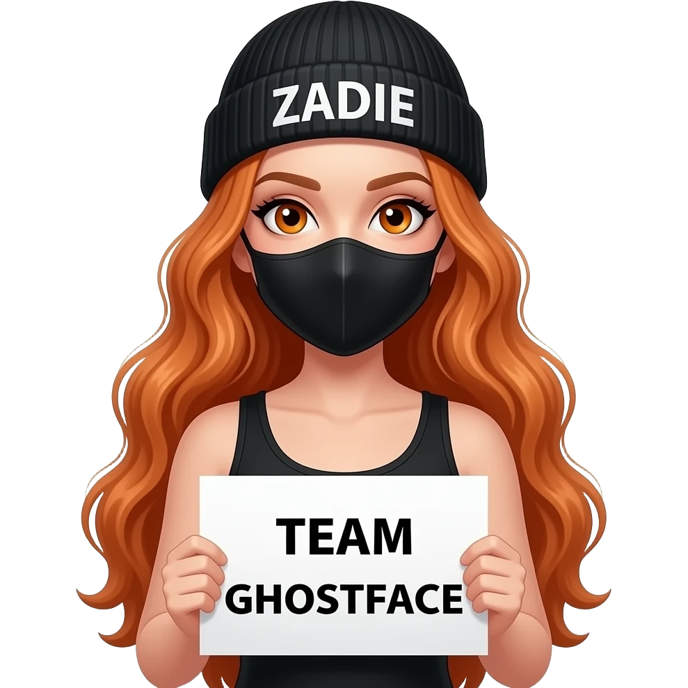 sexy girl with overlong wavy ginger hair and ginger eyes wearing a black tanktop and a black beanie with ZADIE written on it and a black mask is holding a white sign with just TEAM GHOSTFACE on it emoji