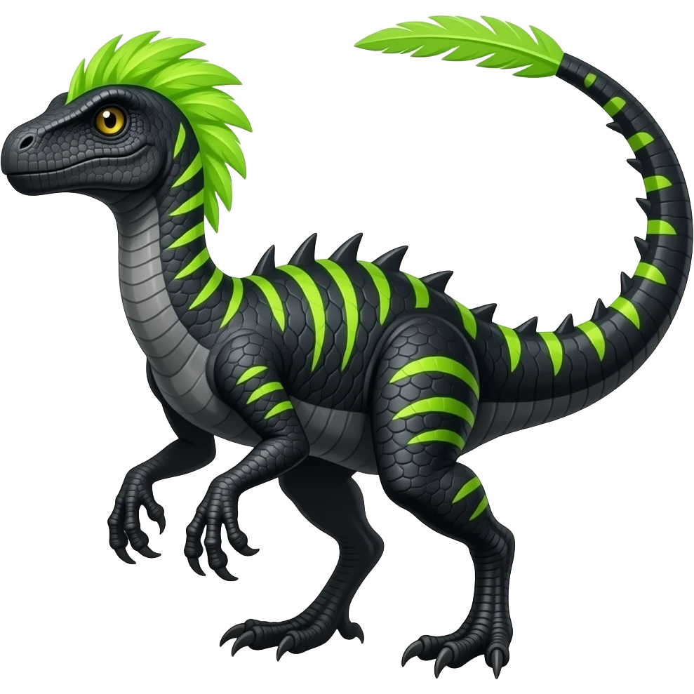Cool edgy ancient black-scaled with neon-colored stripe markings digitigrade bipedal vintage futuristic raptorik fantasy-Cyberpunk-Steampunk-Solarpunk-Genesect-Salamence-Cyclizar-Salazzle-Feraligatr-Fakémon-animal-hybrid, with neon-green feather-mane, and a tail blade, back spikes, full body emoji