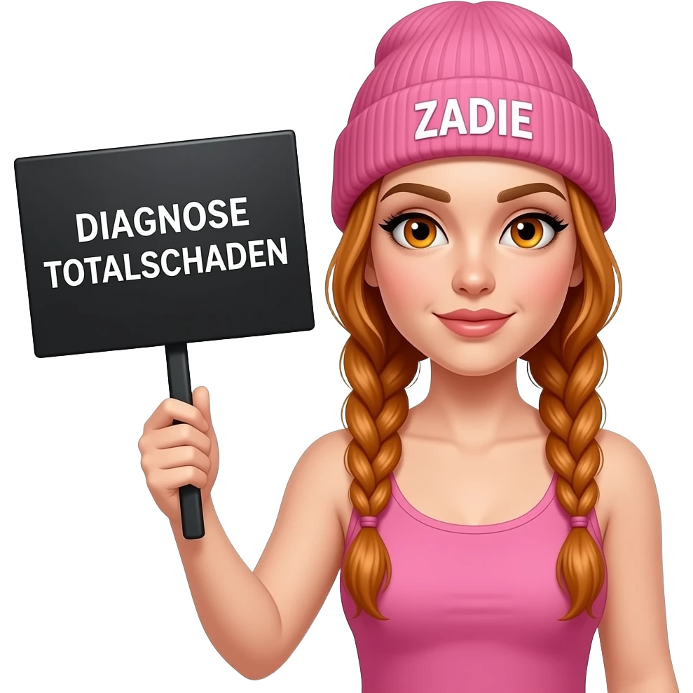 sexy girl with overlong ginger braids and ginger eyes wearing a pink tanktop and a pink beanie with ZADIE written on it, is holding a black sign with DIAGNOSE TOTALSCHADEN written on it emoji