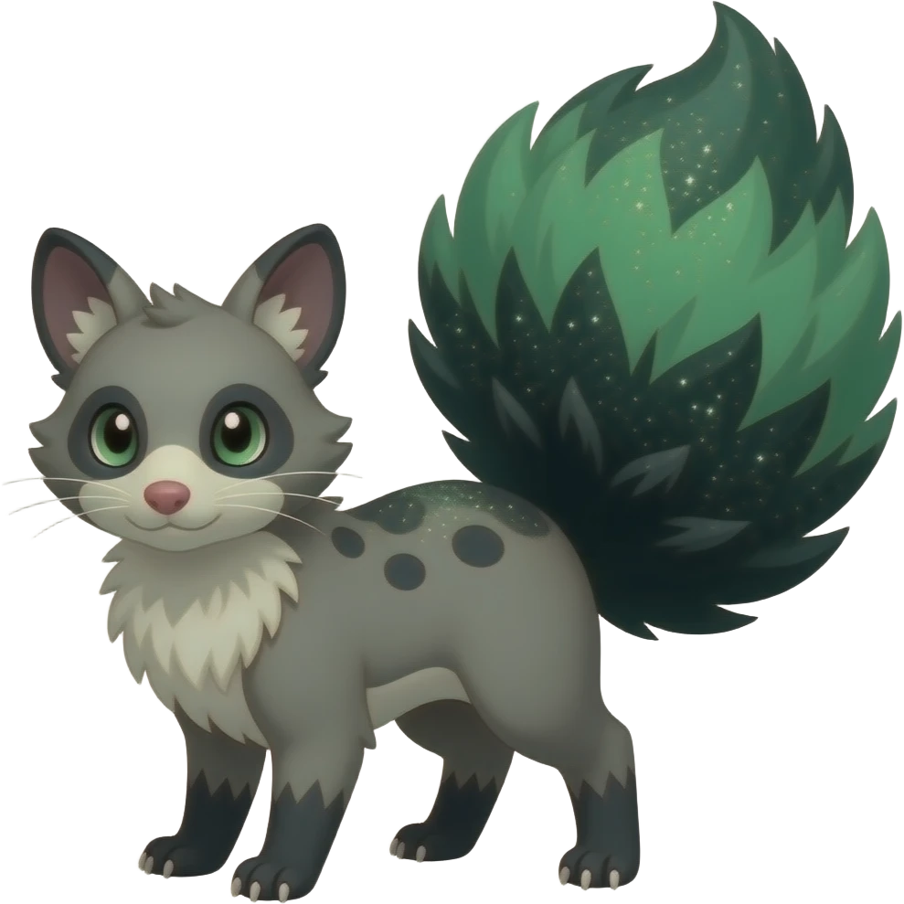 Hyper realistic forest-hunger-green-emerald-green-onyx-black-gradient velvet fur soaked in starlight glitter and shadow gradients beautiful elegant pretty precious cute Fakémon-Pokémon-opossum-Lykoi-genet-civet-serval-caracal-chinchilla-Furret-hybrid-creature with a big fluffy bushy tail (full body) emoji