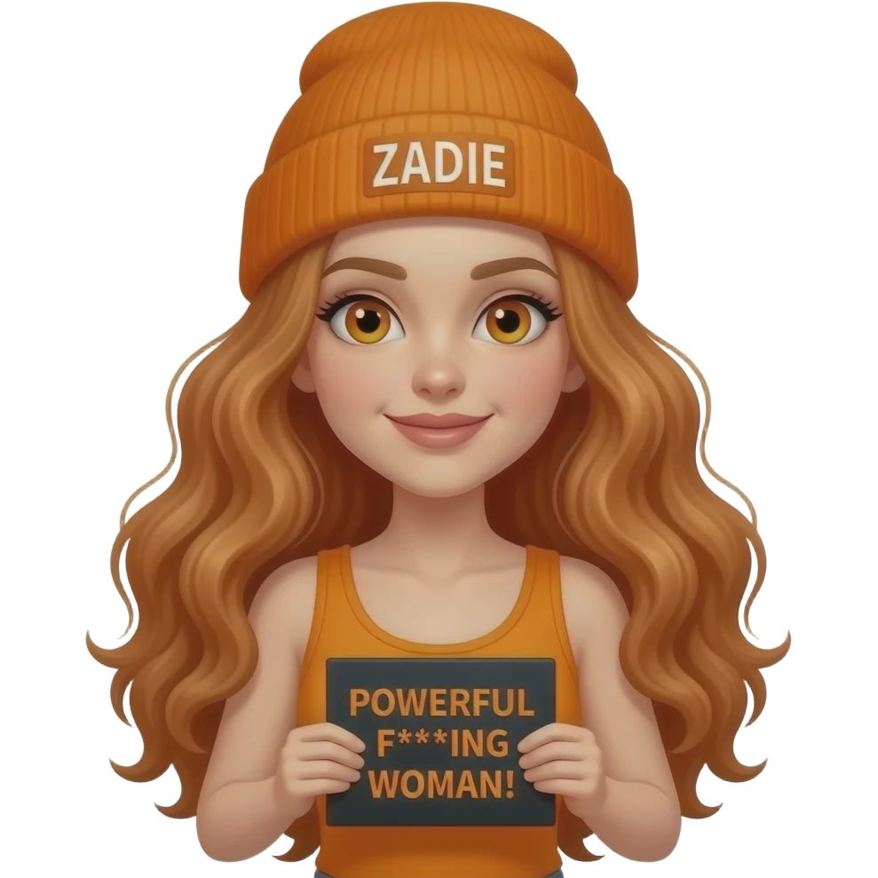 sexy girl with overlong wavy ginger hair and ginger eyes wearing a orange tanktop and a orange beanie with ZADIE written on it, is holding a black sign with POWERFUL F***ING WOMAN! written on it emoji