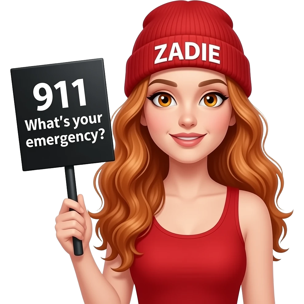sexy girl with overlong wavy ginger hair and ginger eyes wearing a red tanktop and a red beanie with ZADIE written on it, is holding a black sign with just 911 What's your emergency? on it emoji