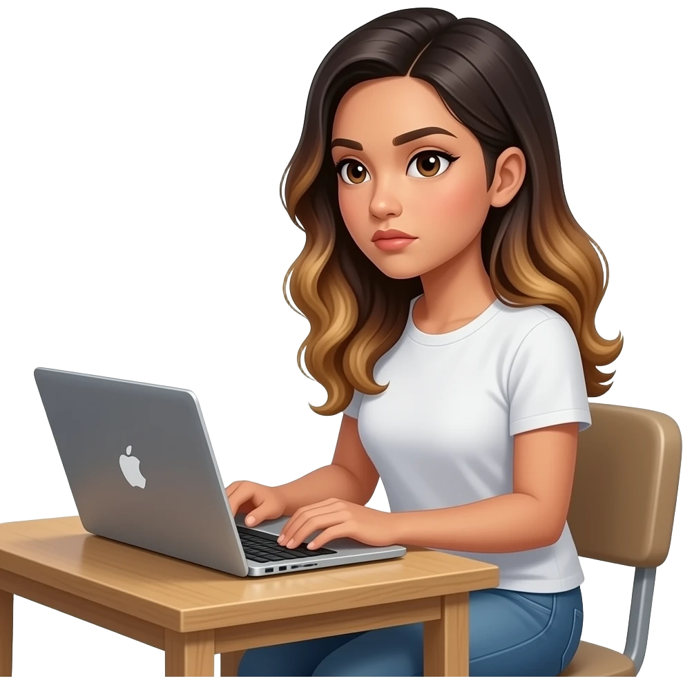 beautiful-filipino-woman-beautiful-eyes-with-long-wavy-hair-balayage--sitting on laptop-before going to bed-side view-serious emoji