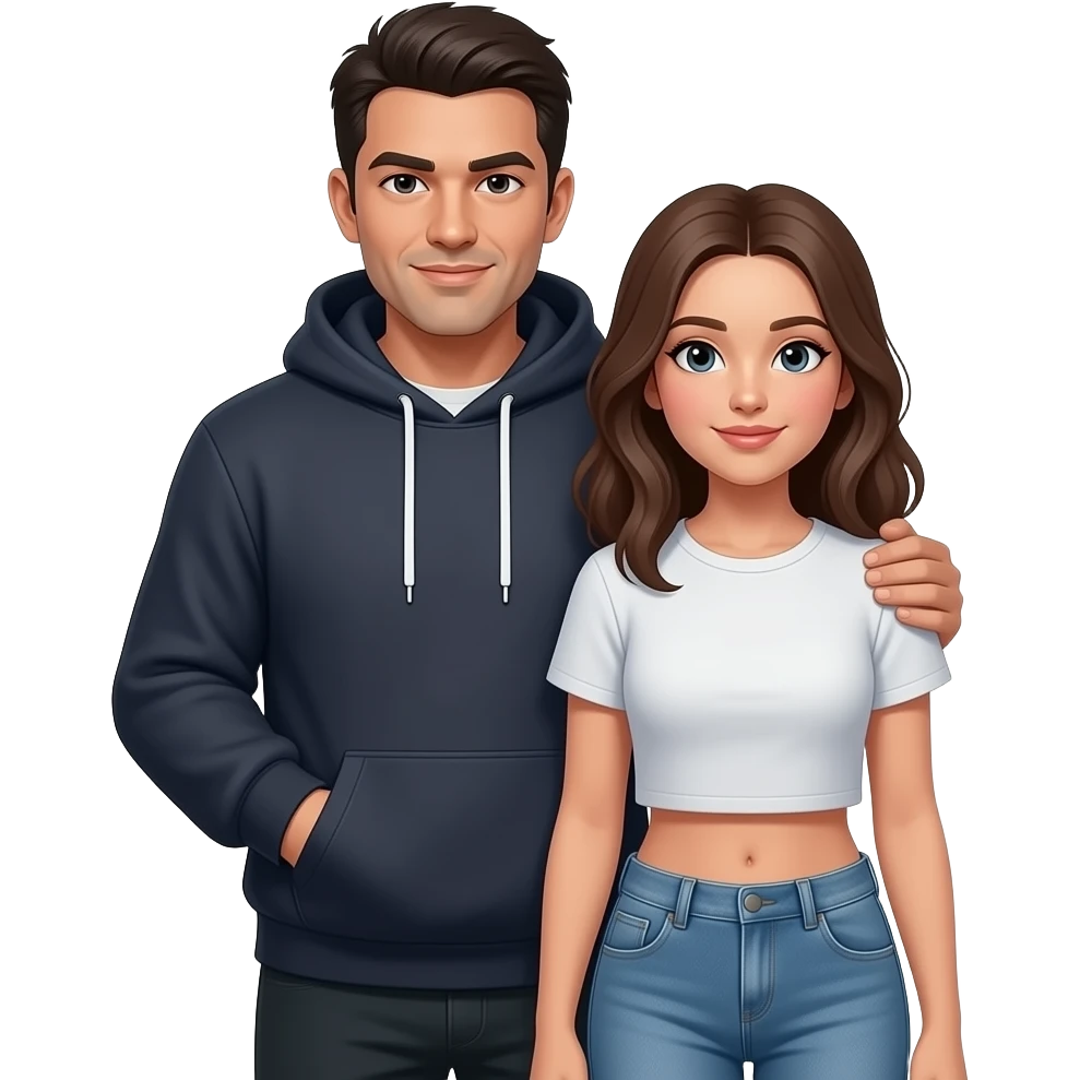 serious guy  protecting poor humble young woman, both wearing street casual clothes emoji