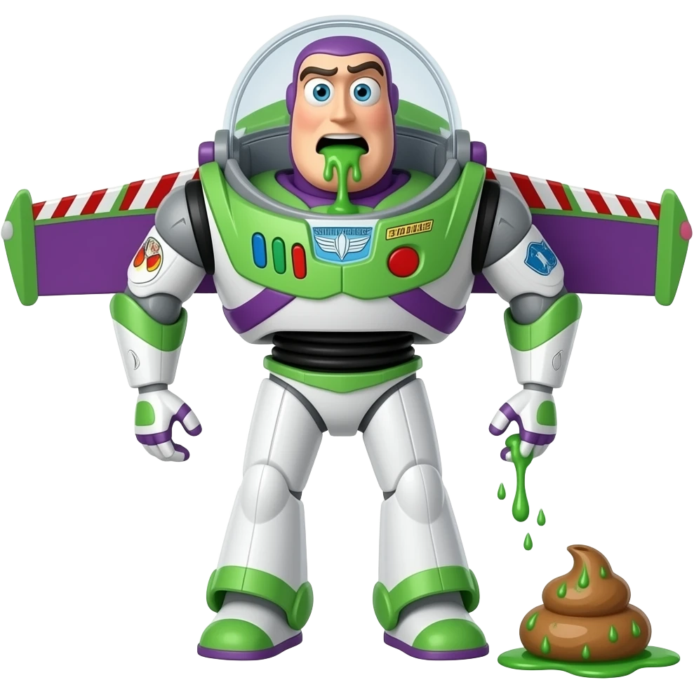 outbreak of vomiting and diarrhea; vomiting is neon green; shit light brown: Buzz Lightyear emoji
