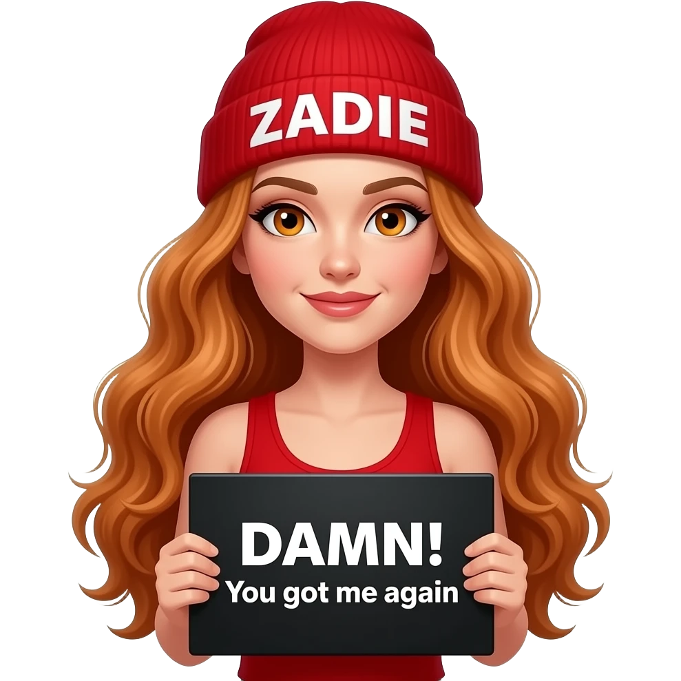 sexy girl with overlong wavy ginger hair and ginger eyes wearing a red tanktop and a red beanie with ZADIE written on it, is holding a black sign with DAMN! You got me again written on it emoji