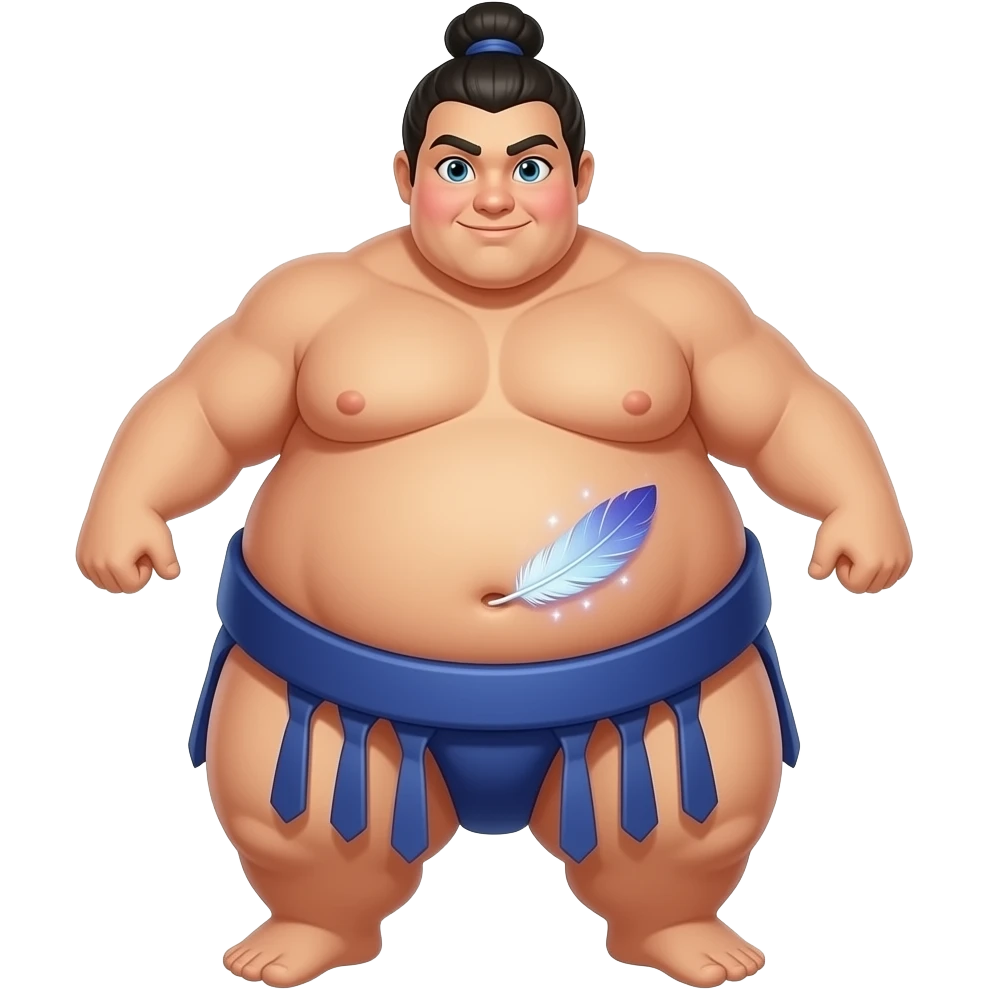 A girl sumo warrior,she is stuffed silly after all you can eat buffet,her giant belly hangs over her pants & busted belt,her bellybutton gets tickled by a magical feather. emoji