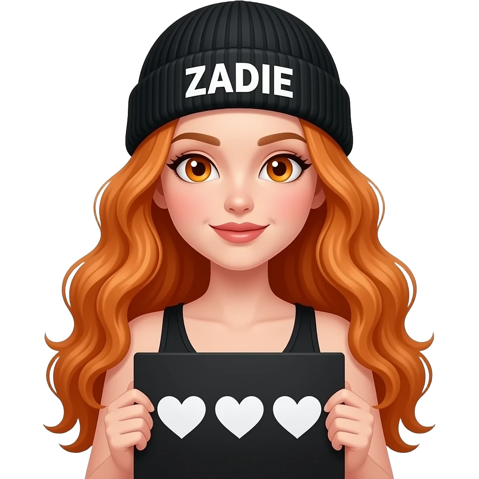 sexy girl with overlong wavy ginger hair and ginger eyes wearing a black tanktop and a black beanie with ZADIE written on it, is holding a black sign with 🤍🤍🤍 on it emoji
