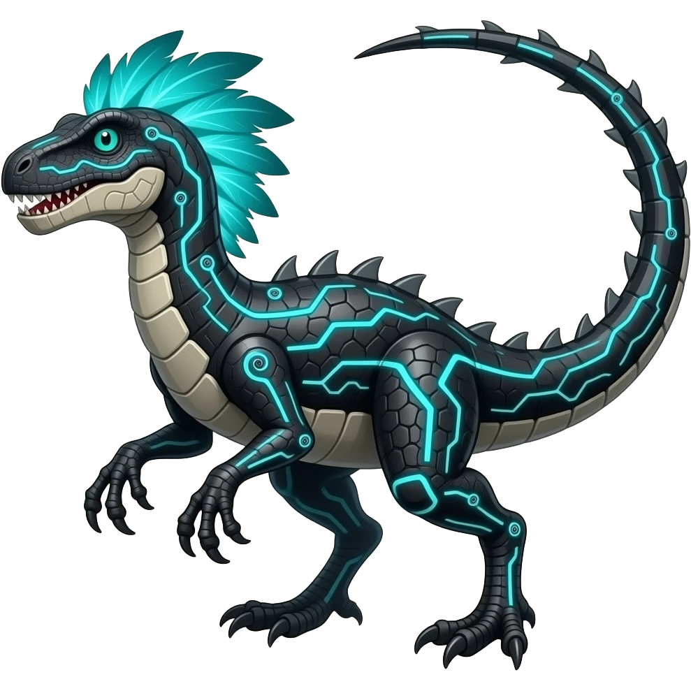 Cool edgy fiery cybernetic electrical Circuitry-patterned black-scaled with neon-cyan stripe markings digitigrade futuristic raptorik fantasy-Cyberpunk-Steampunk-Solarpunk-Genesect-Salamence-Cyclizar-Salazzle-Feraligatr-Fakémon-animal-hybrid, with neon feather-mane, and a tail blade, back spikes emoji