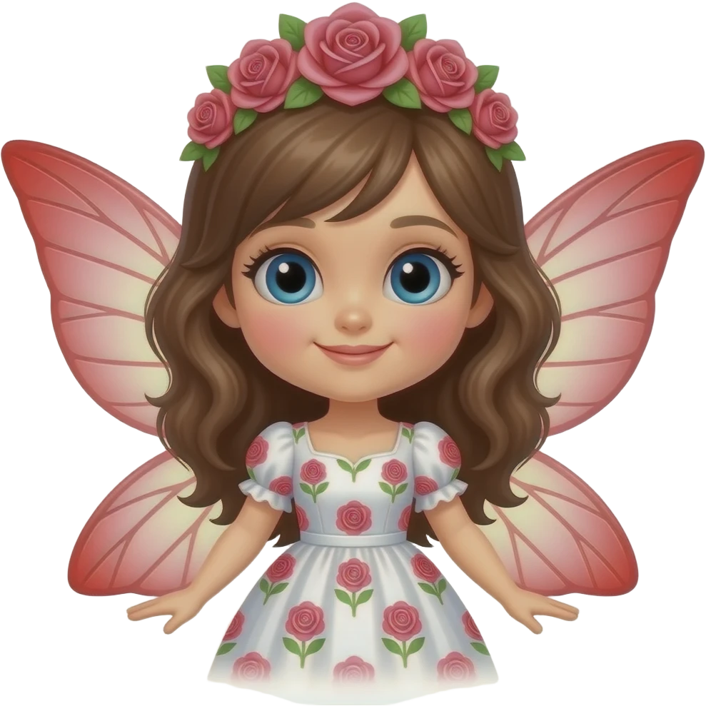 Cute cartoon fairy with large blue eyes and brown hair in a pink rose crown, wearing a white dress with pink and green rose floral patterns, her translucent light red wings spread emoji