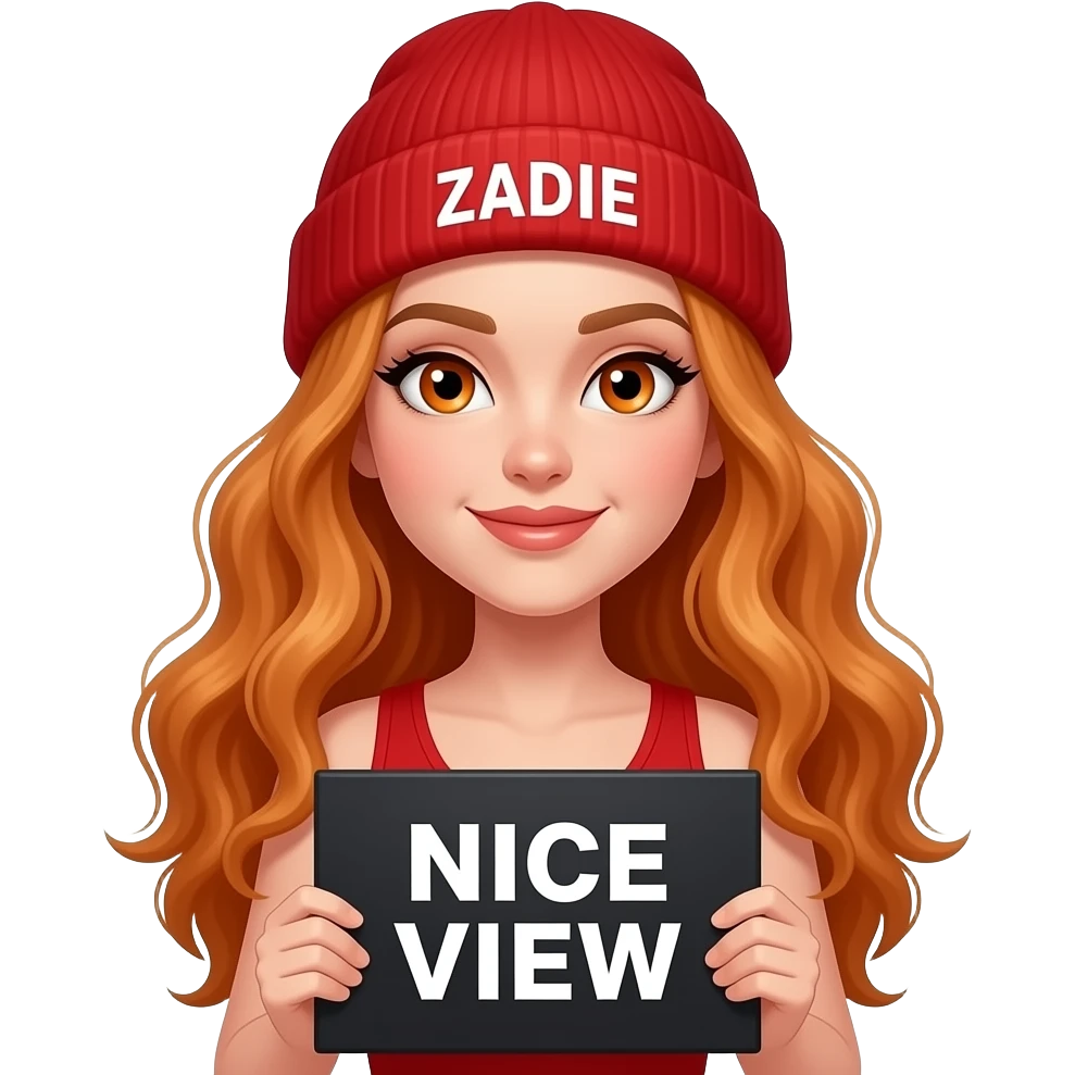 sexy girl with overlong wavy ginger hair and ginger eyes wearing a red tanktop and a red beanie with ZADIE written on it, is holding a black sign with NICE VIEW written on it emoji