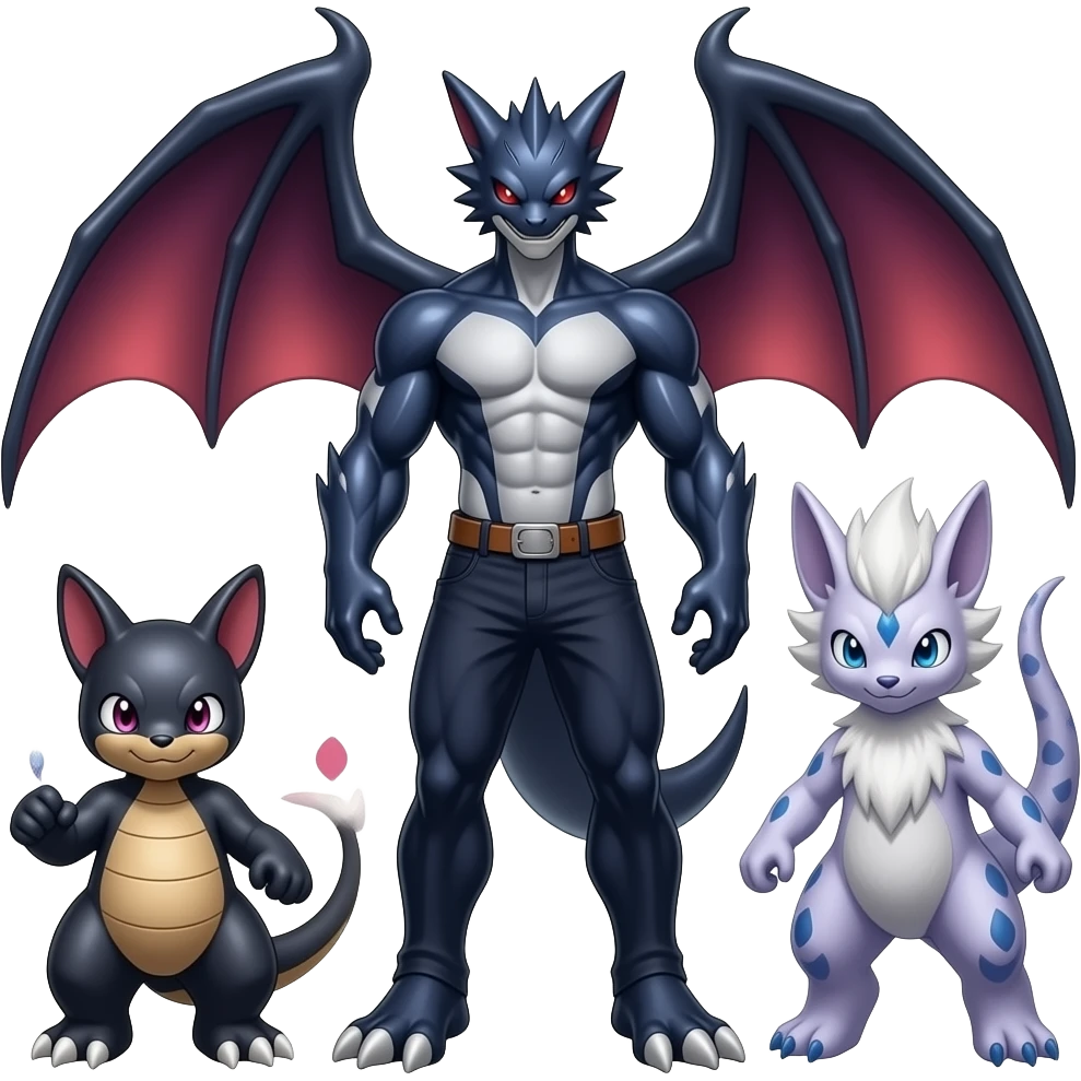 Shiny Dark Dusky Cool Hot Stylish Handsome Garchomp-Cynder-Salandit-Noivern-Renamon-Zoroark-Monster-Fakémon-fusion (full body) emoji