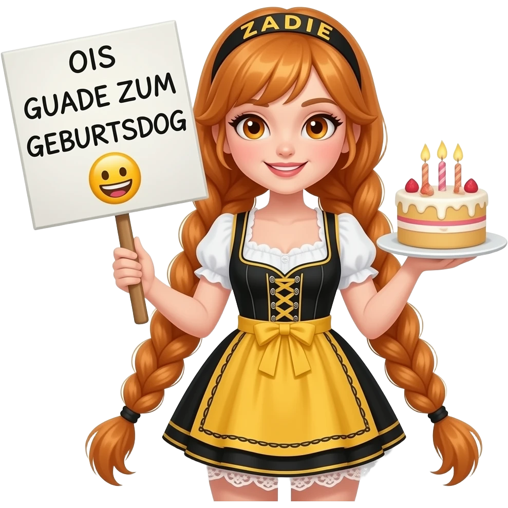 sexy girl with overlong ginger braids and ginger eyes wearing a black yellowdirndl and a headband with ZADIE written on it, is holding a sign with OIS GUADE ZUM GEBURTSDOG 🎂 written on it emoji