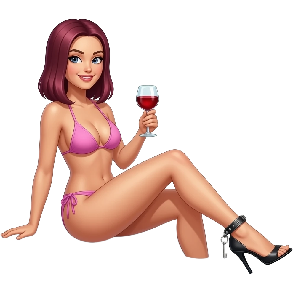 woman with burgundy, very straight chest-length hair, sitting by a pool, sunbathing, wearing just a baby pink bikini and high heels, holding a glass of red wine, wearing an ankle chain with a chastity key hanging off it. emoji