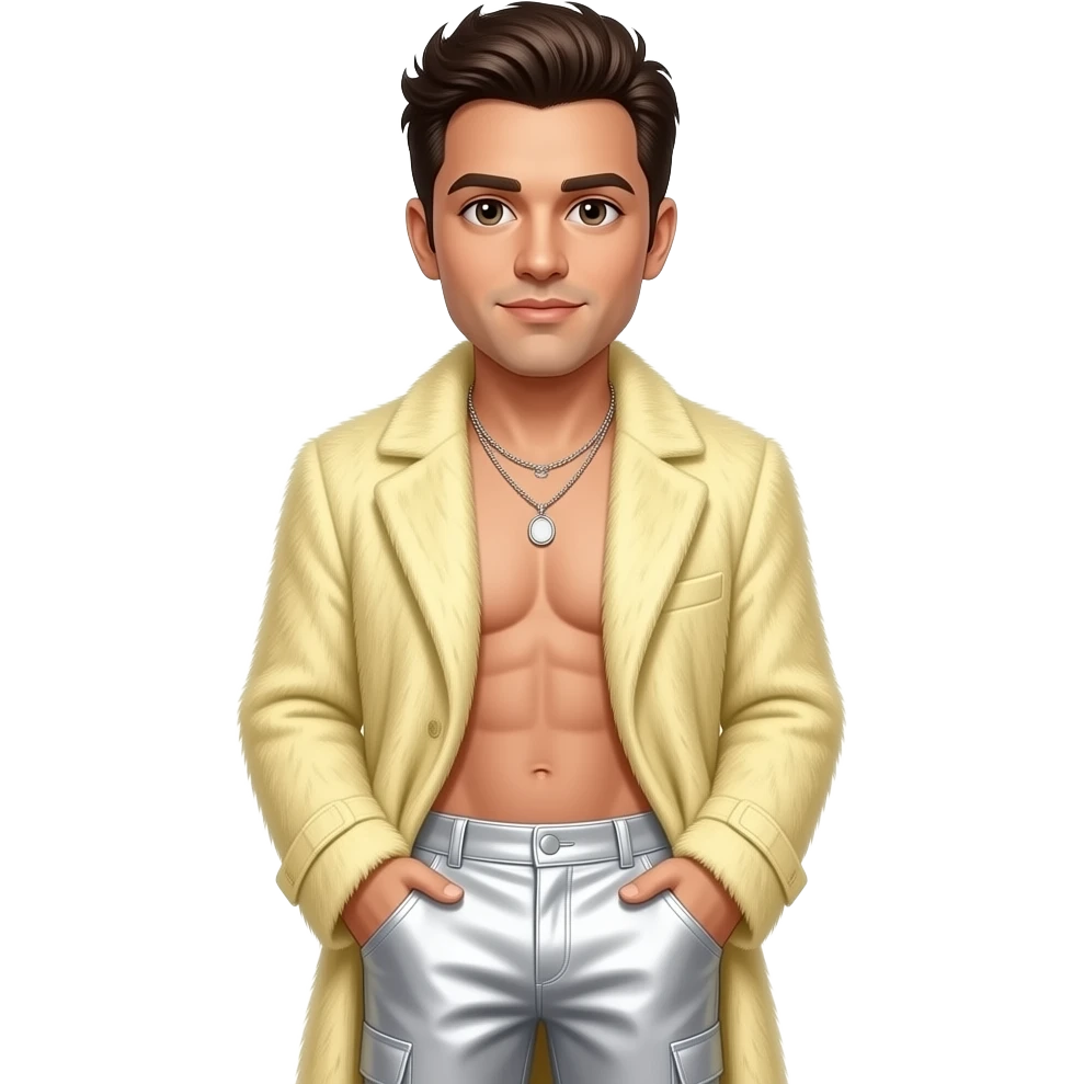 Jonathan Knight from NKOTB with hazel eyes, dark brown hair, light yellow fur coat, white metallic baggy pants, shirtless with necklace emoji