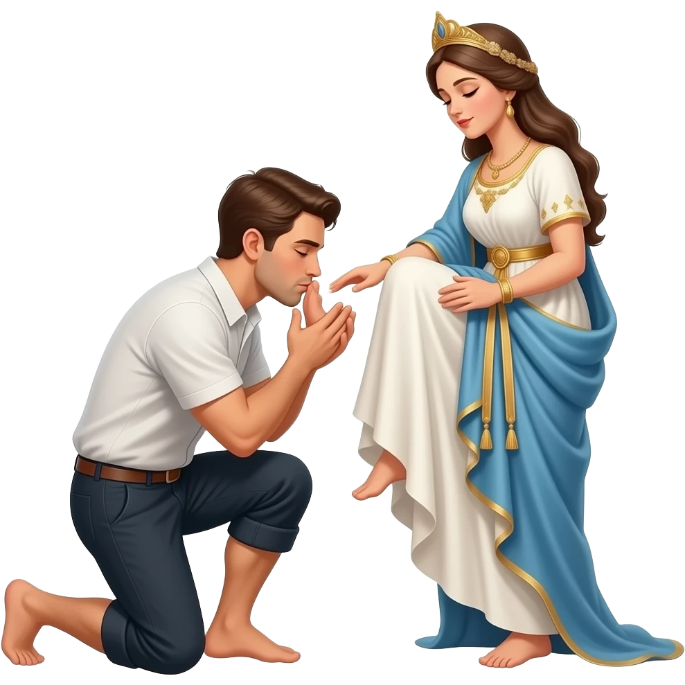 male kneels in front of goddess and kisses her foot emoji