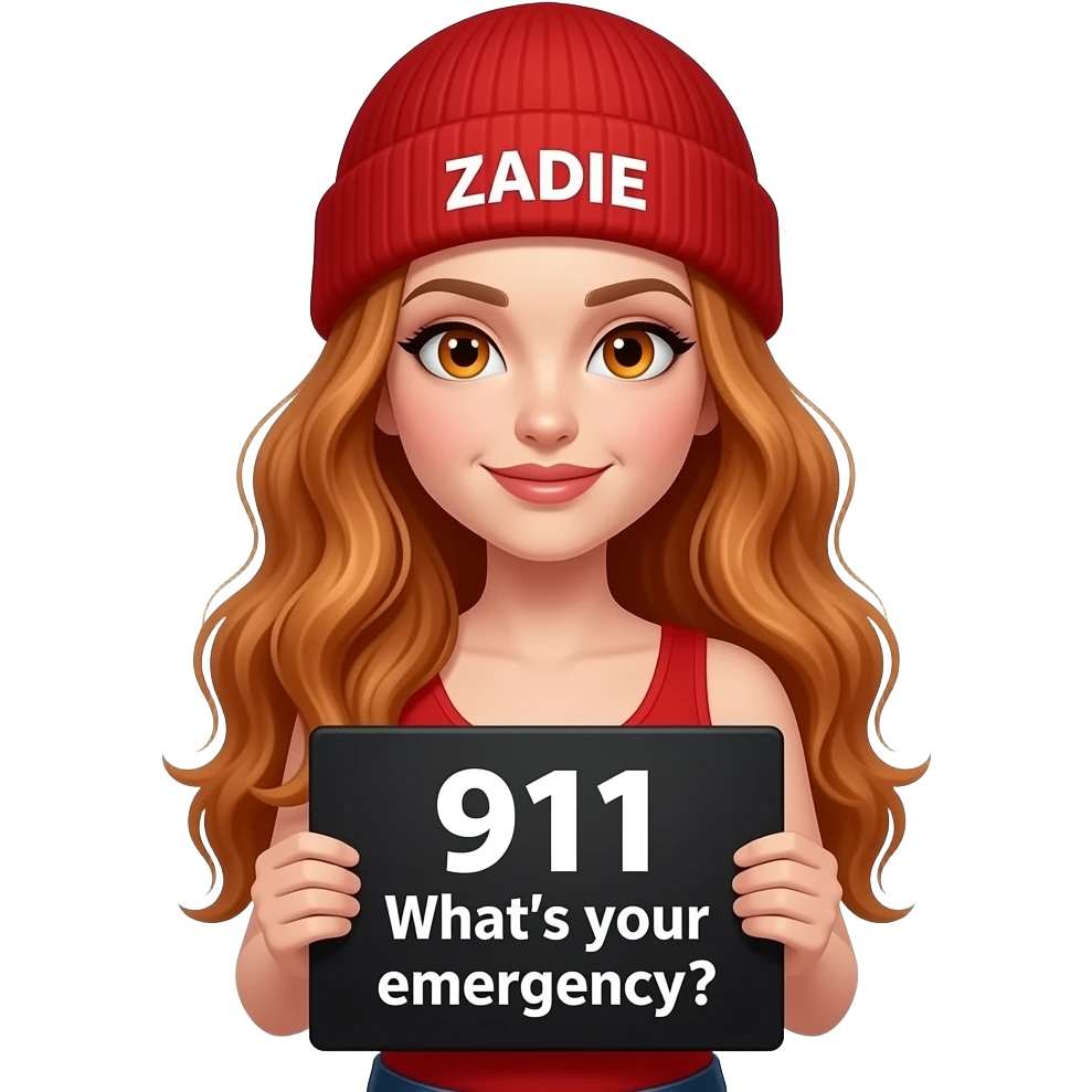 sexy girl with overlong wavy ginger hair and ginger eyes wearing a red tanktop and a red beanie with ZADIE written on it, is holding a black sign with just 911 What's your emergency? on it emoji