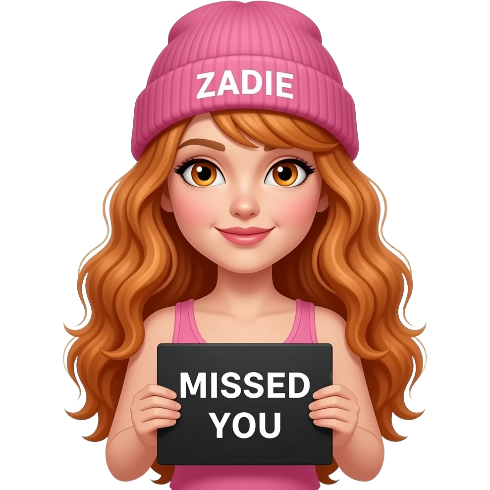sexy girl with overlong wavy ginger hair and ginger eyes wearing a pink tanktop and a pink beanie with ZADIE written on it, is holding a black sign with MISSED YOU written on it emoji