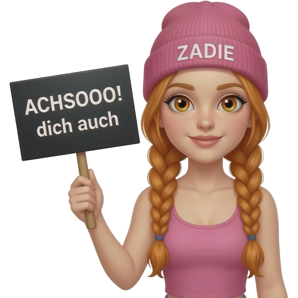 sexy girl with overlong ginger braids and ginger eyes wearing a pink tanktop and a pink beanie with ZADIE written on it, is holding a black sign with ACHSOOO! dich auch written on it emoji