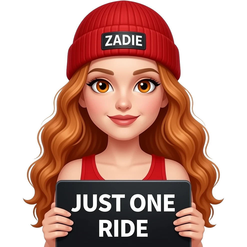 sexy girl with overlong wavy ginger hair and ginger eyes wearing a red tanktop and a red beanie with ZADIE written on it, is holding a black sign with JUST ONE RIDE written on it emoji