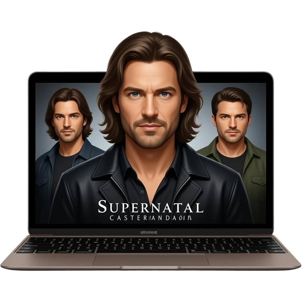 Ультрареалистичный тёмно-коричневый MacBook с заставкой сериала «SUPERNATURAL» где на заднем фоне ангел кастиэль дин и сэм винчестеры emoji