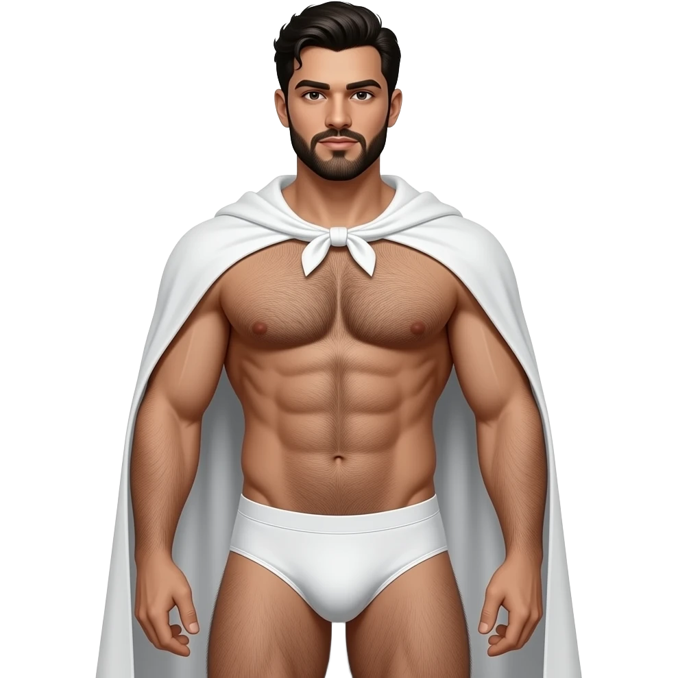 full body arabic-theme male superhero clothless figure with body hair and only white cape and muscular hairy build in thin, narrow underwear with bulge emoji