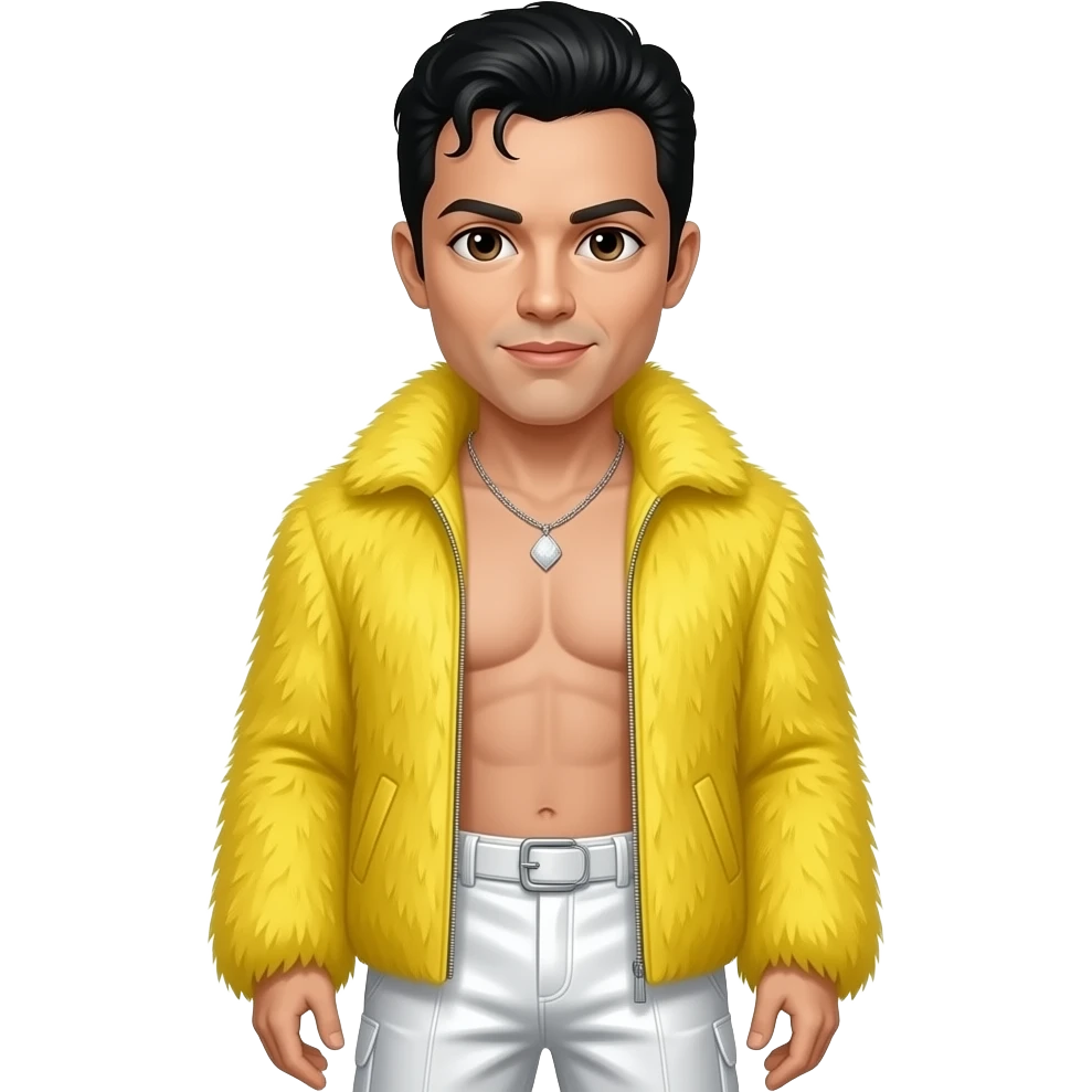Freddie Mercury with dark brown eyes, black hair, yellow fur coat, white metallic baggy pants, shirtless with necklace emoji