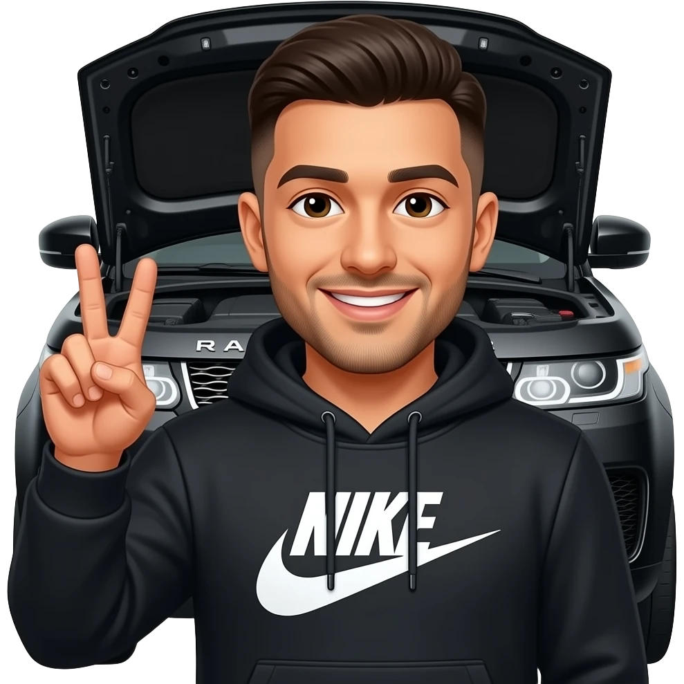 Black Range Rover svr hood open with driver holding peace sign and smiling with Albanian guy with a buzz cut haircut and Nike tech hoodie emoji