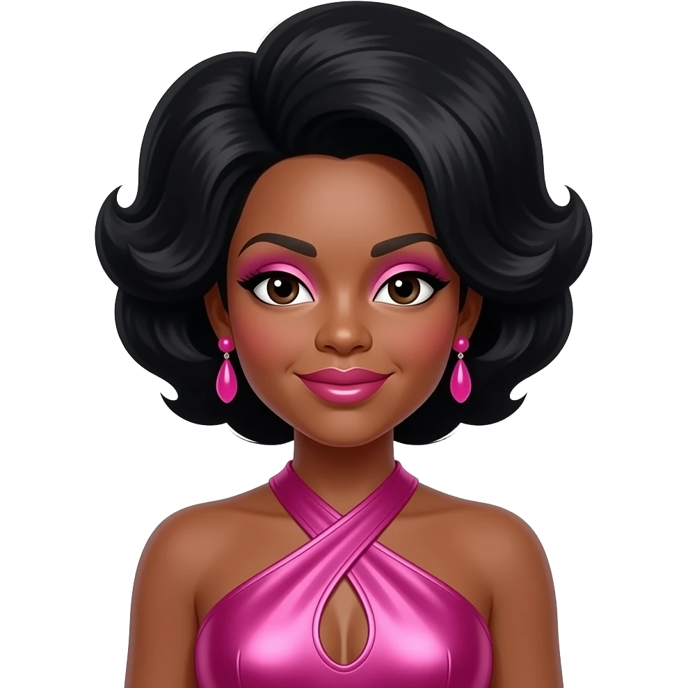 Diana Ross with dark brown eyes, black 60s beehive hairdo, pink eyeshadow and lipstick, hot pink metallic halter dress, pink earrings emoji