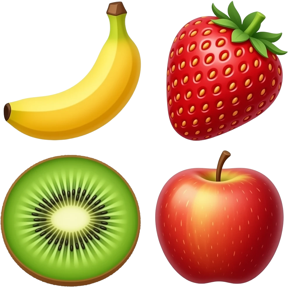 34 fruits banana, strawberry,kiwi,apple emoji