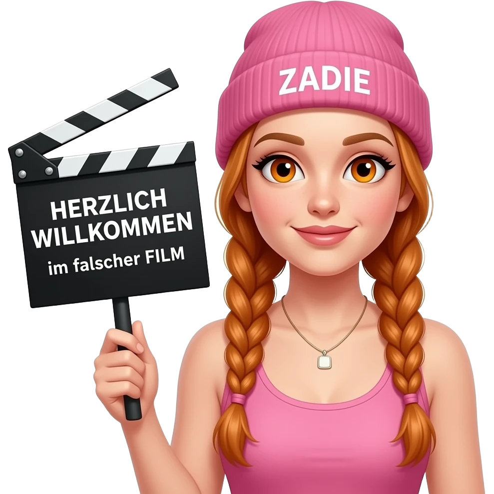 sexy girl with overlong ginger braids and ginger eyes wearing a pink tanktop and a pink beanie with ZADIE written on it, is holding a black sign with HERZLICH WILLKOMMEN im falschen FILM written on it emoji