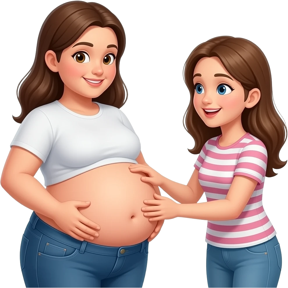 A meeting with two girls,After a great long lunch,one girl is full & fat,her bellybutton is peeking out,her big belly is getting noticed,so other girl was impressed and eagerly touching the one overfed girl’s bloated belly, emoji