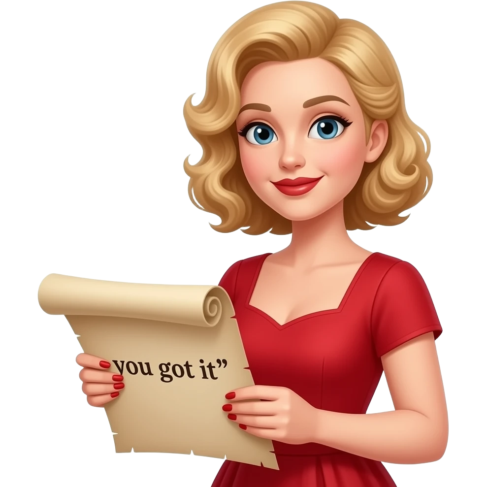 Short blond hair in tight curly side swept Holding an open scroll saying you got it with red nail polish, brown lipstick and red vintage dress emoji