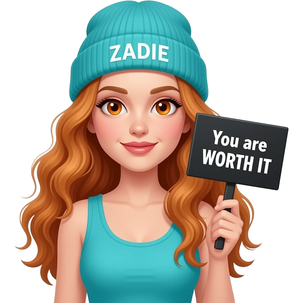 sexy girl with overlong wavy ginger hair and ginger eyes wearing a turquoise tanktop and a turquoise beanie with ZADIE written on it, is holding a black sign with You are WORTH IT written on it emoji